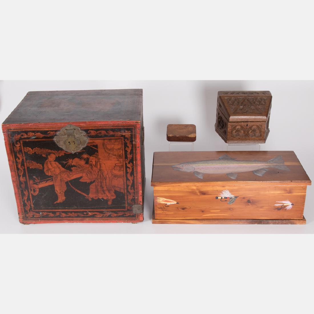 A Collection of Asian, American and Continental Carved: A Collection of Asian, American and Continental Carved and Painted Decorative Boxes, 20th Century, Together with fly fishing lures by T-Craft. Largest dimensions: h: 14 1/2 x w: 16 1/2 x d: 12 1/4 in.