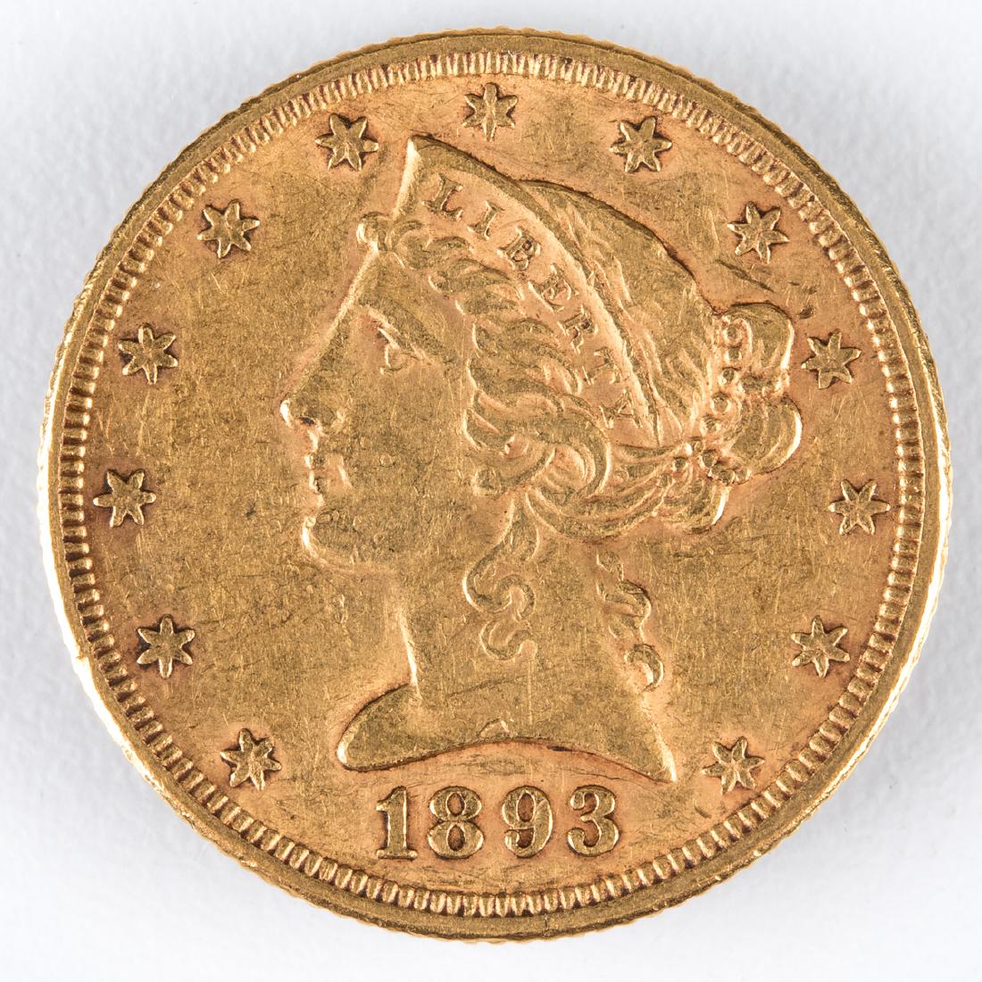 An 1893 $5 U.S. Liberty Half Eagle Gold Coin, (1 of 2)