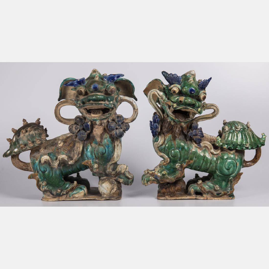 A Pair of Chinese Sancai Glaze Stoneware Foo Dog Roof (1 of 5)