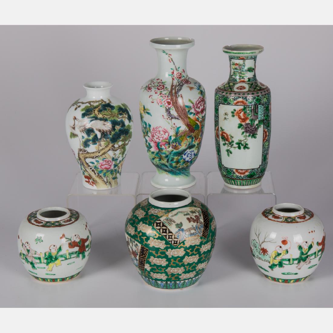 A Group of Six Chinese Porcelain Vases and Ginger Jars,: A Group of Six Chinese Porcelain Vases and Ginger Jars, 19th/20th Century. Largest dimensions: h: 10 3/4 x dia: 4 3/4 in. The Estate of Ronald J. DiCenzo, Professor of Japanese History, Oberlin Colleg