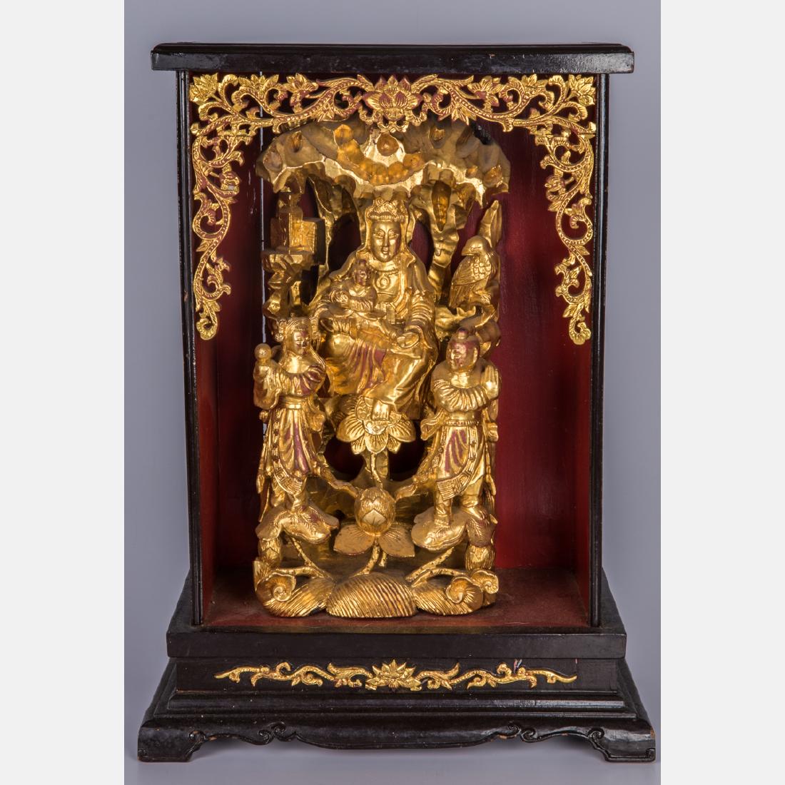 A Chinese Carved and Painted Wood House Altar, 20th: A Chinese Carved and Painted Wood House Altar, 20th Century, Having carved depictions of deities. H: 21 1/4 W: 15 1/2 D: 8 3/4 in. The Estate of Ronald J. DiCenzo, Professor of Japanese History, Oberl
