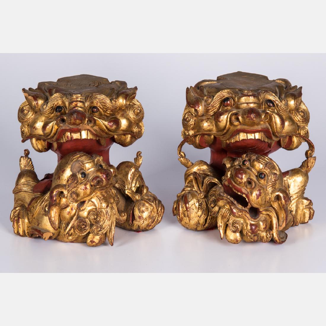 A Pair of Chinese Carved and Gilt Painted Wood Lion (1 of 3)