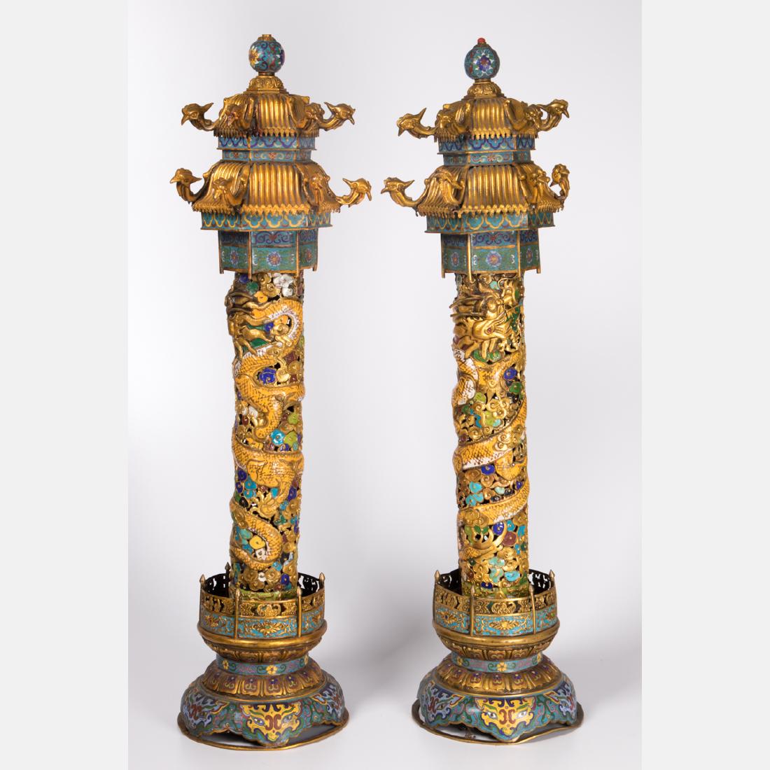A Pair of Chinese Cloisonné and Gilt Brass Pagoda Form (1 of 2)
