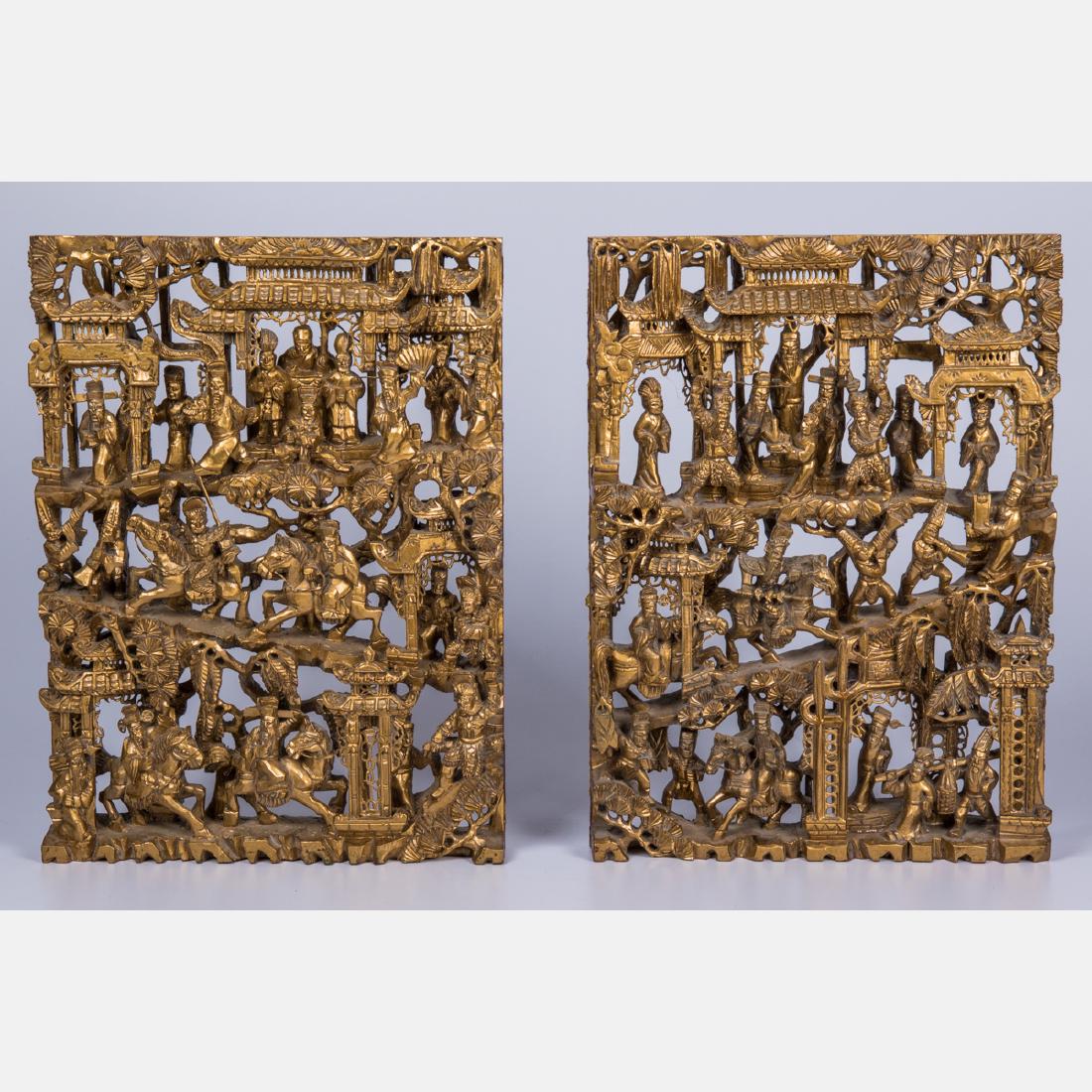 Two Chinese Pierced, Carved and Gilt Painted Hardwood (1 of 3)