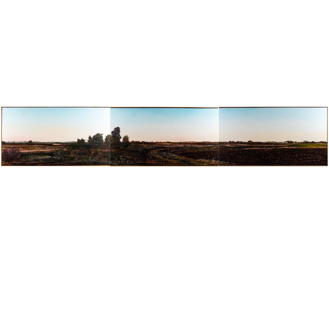 Harold Gregor (b. 1929) Illinois Landscape #83, Oil and: Harold Gregor (b. 1929) Illinois Landscape #83, Oil and acrylic on canvas triptych, Two panels signed. Dimensions per panel: h: 35 1/4 x w: 66 in. H: 35 1/4 W: 198 in. Tiden-Foley Gallery, New Orleans
