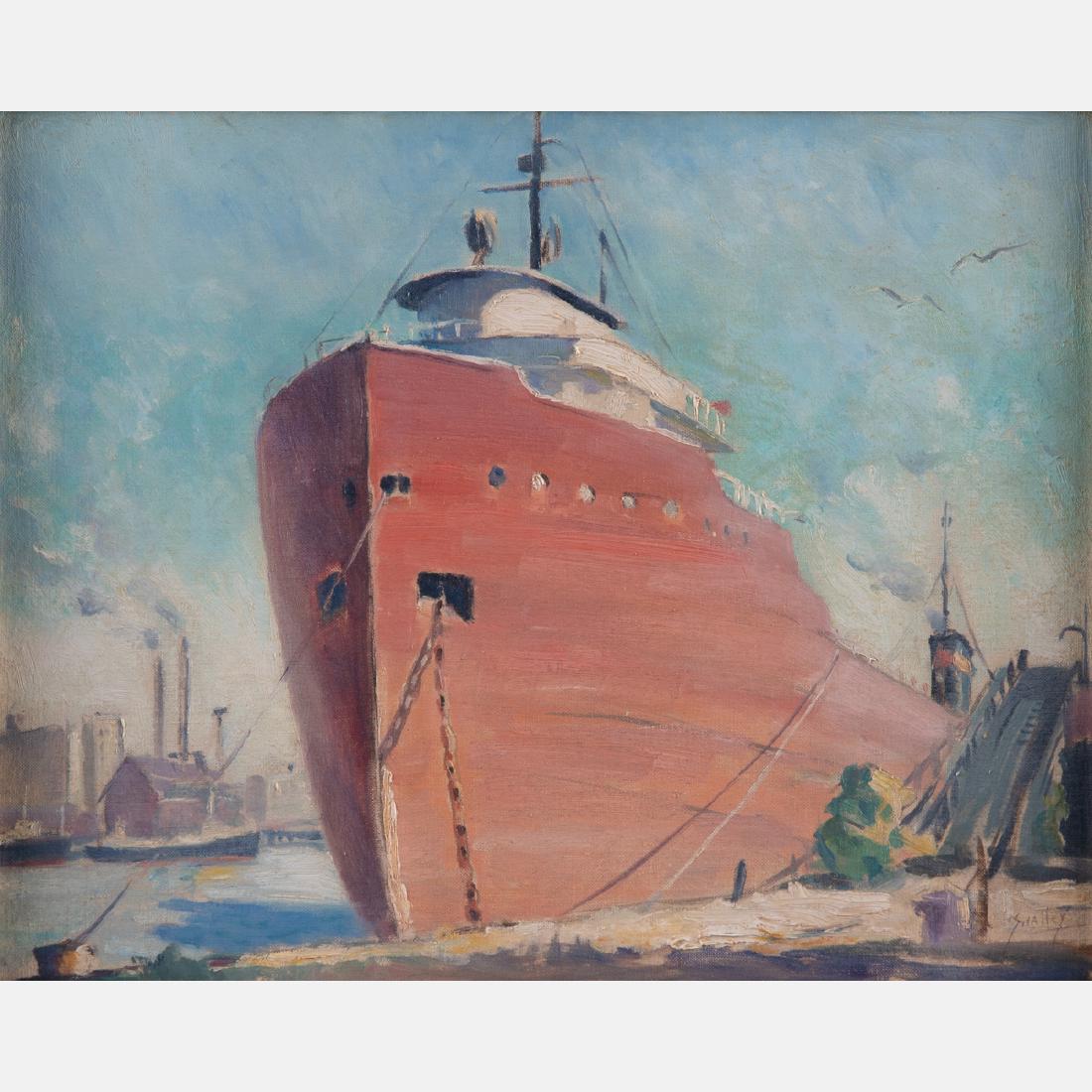 John F. Swalley (1887-1951) Docked Freighter, Oil on: John F. Swalley (1887-1951) Docked Freighter, Oil on canvas, Signed lower right. Framed dimensions: h: 19 1/2 x w: 23 1/4 in. H: 15 1/2 W: 19 3/4 in.