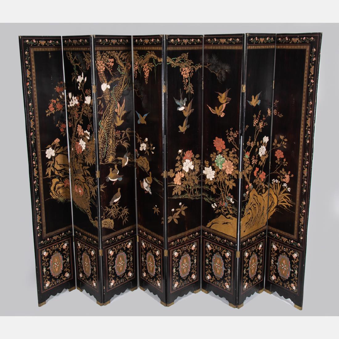A Chinese Carved Lacquered and Gilt Painted Eight Panel (1 of 2)