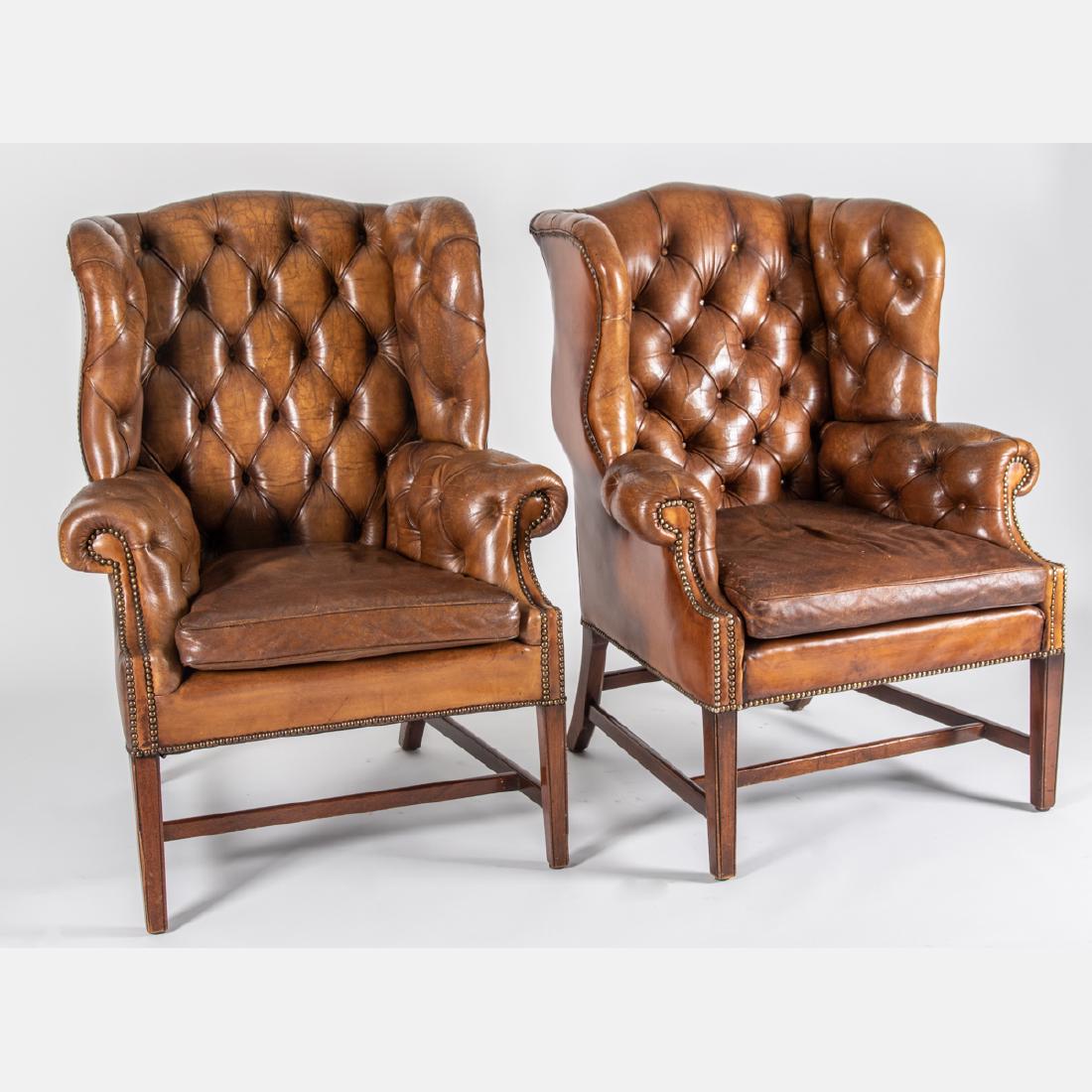 A Pair of Georgian Style Tufted Leather Wing Back (1 of 7)
