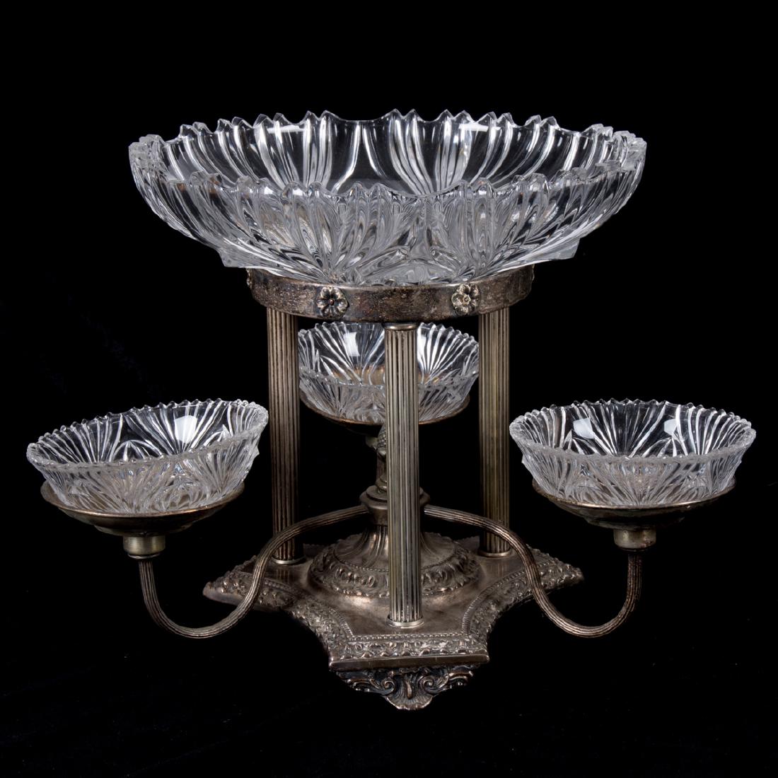 A Regency Style Silverplated and Glass Epergne, 20th: A Regency Style Silverplated and Glass Epergne, 20th Century. H: 12 W: 15 D: 15 in.