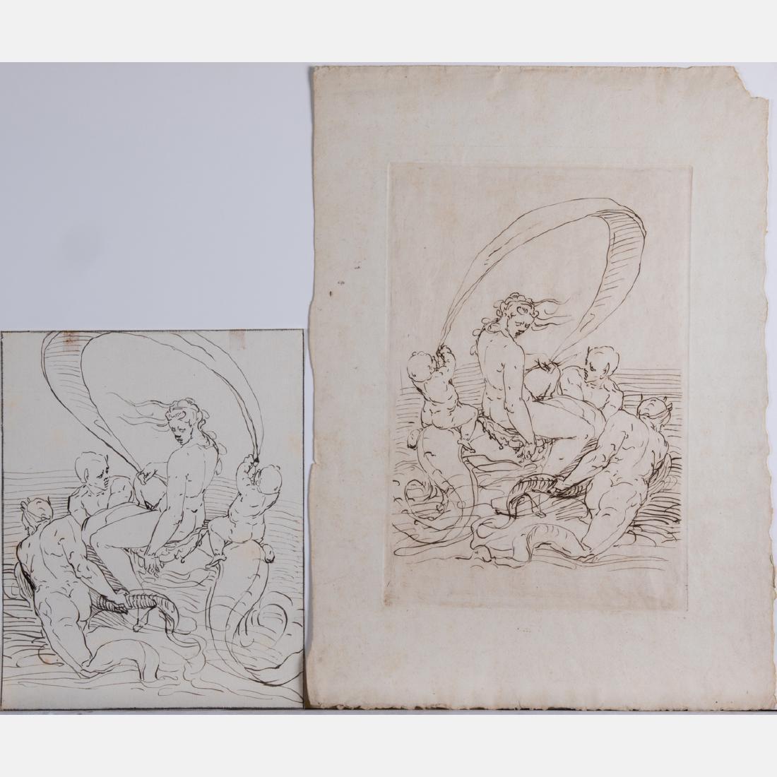 Johann Gottlieb Prestel (1739-1808) Two Works after: Johann Gottlieb Prestel (1739-1808) Two Works after Luca Cambiaso Depicting Galatea and the Tritons, One woodcut, and one pencil and ink drawing, Unsigned. Largest dimensions: h: 13 5/8 x w: 9 1/8 in.