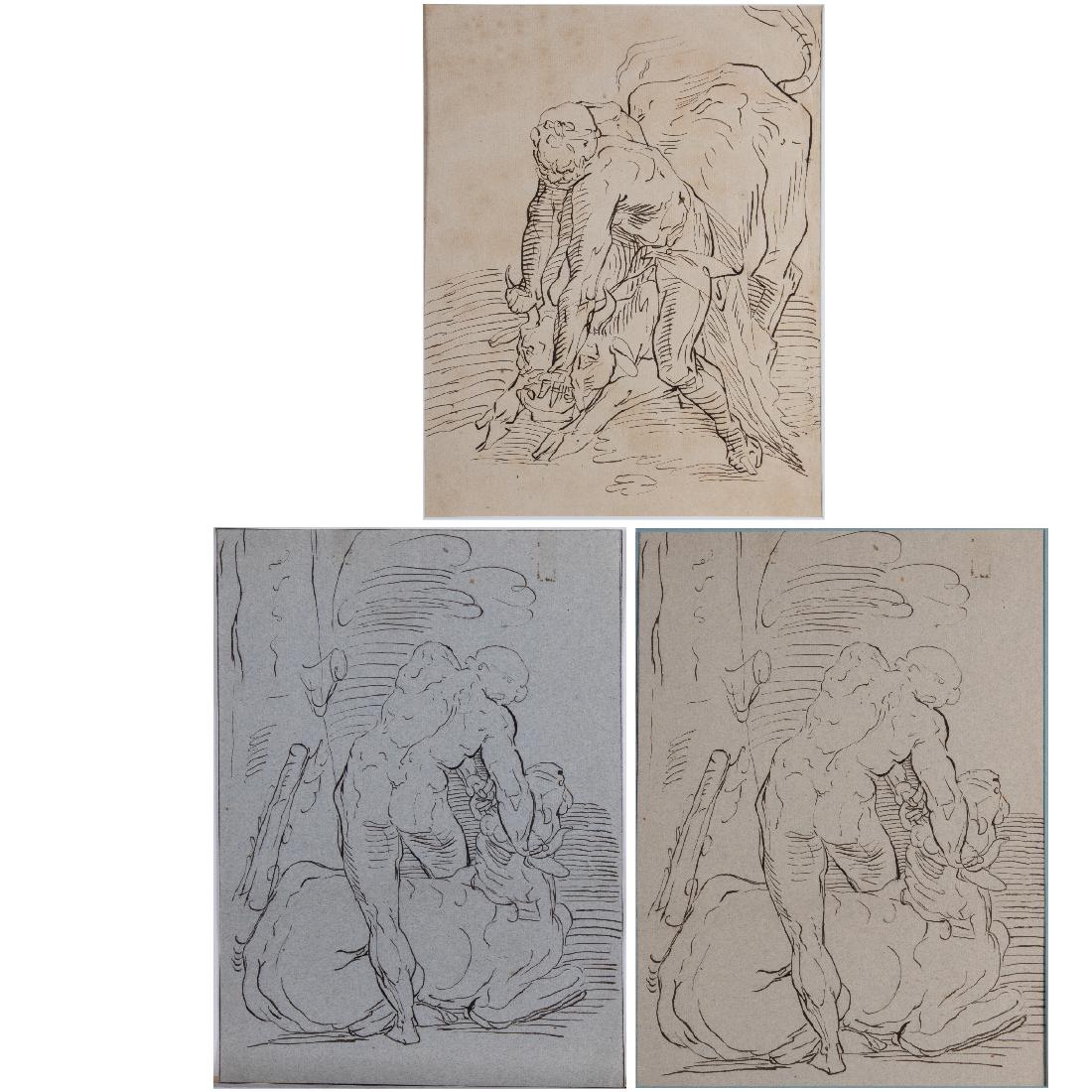 Johann Gottlieb Prestel (1739-1808) Two Works after: Johann Gottlieb Prestel (1739-1808) Two Works after Luca Cambiaso Depicting Hercules and the Bull, Ink on paper, Unsigned. Largest dimensions: h: 17 x w: 13 1/2 in.
