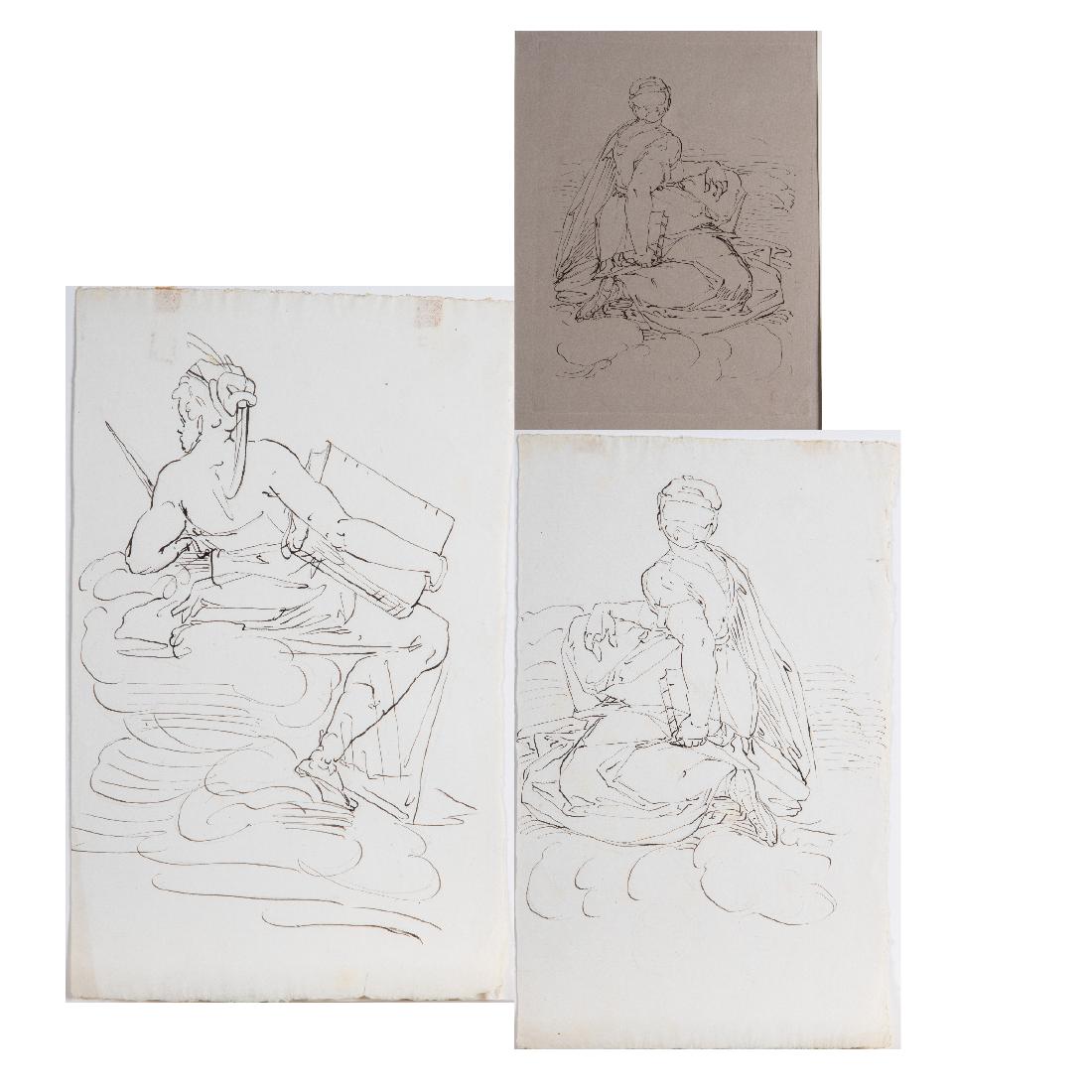 Johann Gottlieb Prestel (1739-1808) Three Works after: Johann Gottlieb Prestel (1739-1808) Three Works after Luca Cambiaso Depicting Classical Figures, One woodcut, and two ink and pencil drawing, Unsigned. Largest dimensions: h: 13 5/8 x w: 8 3/8 in.