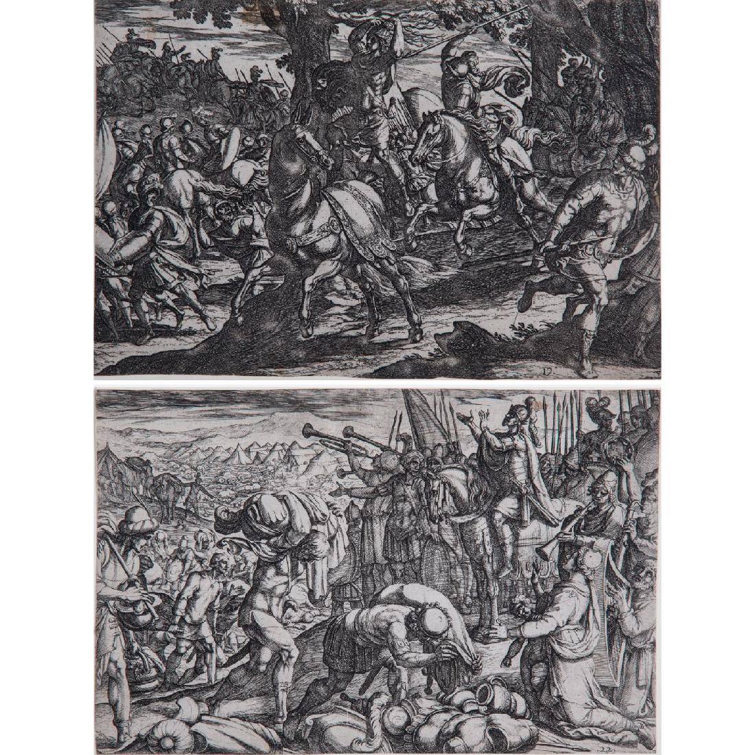 Antonio Tempesta (1555-1630) Two Battle Scenes,: Antonio Tempesta (1555-1630) Two Battle Scenes, Etchings. Including the 'Jacob Killing Absalom, from the Battles of the Old Testment'. Largest sheet dimensions: h: 7 1/2 x w: 11 in.