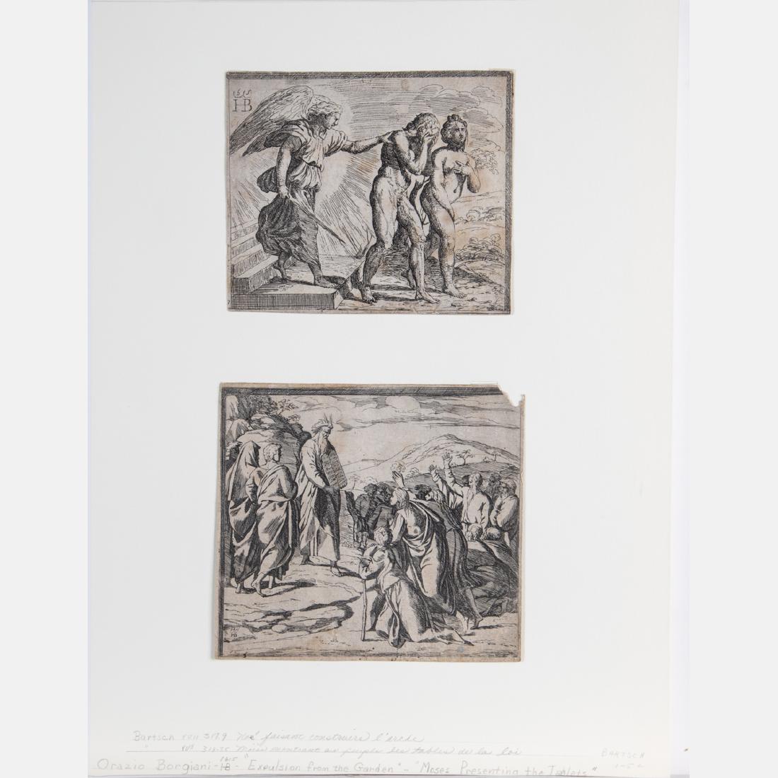 Orazio Borgianni (1578-1616) 'Expulsion from the: Orazio Borgianni (1578-1616) 'Expulsion from the Garden' and 'Moses Presenting the Tablets', Two etchings. Largest sheet dimensions: h: 6 1/2 x w: 7 1/8 in.