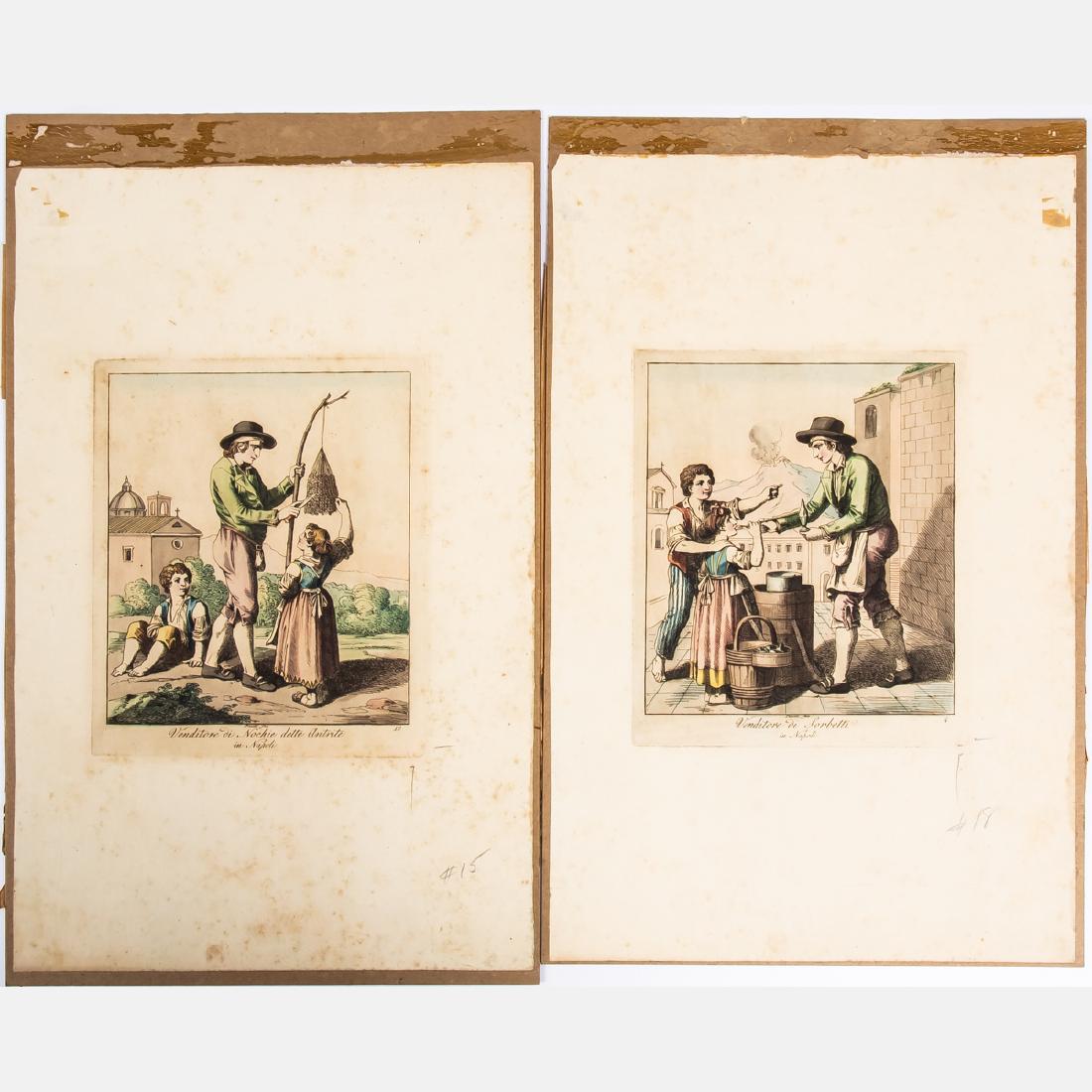 Bartolomeo Pinelli (1781-1835) 'Venditore di Nochie: Bartolomeo Pinelli (1781-1835) 'Venditore di Nochie dette Antrite in Napoli' and 'Venditore di Sorbetti in Napoli', Two etchings. Largest board dimensions: h: 17 7/8 x w: 11 1/8 in.
