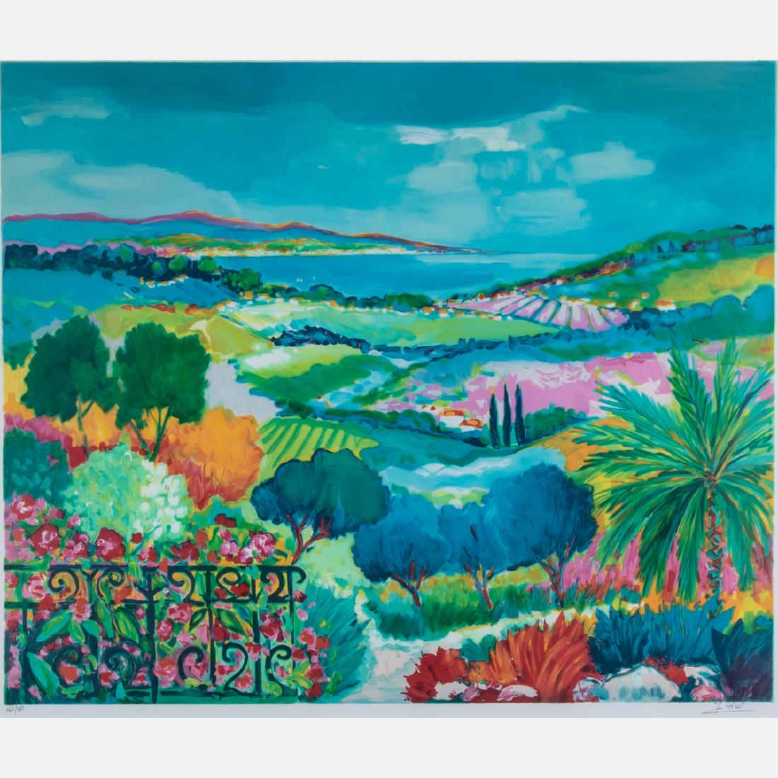 Jean-Claude Picot (b. 1933) Landscape with Wrought Iron: Jean-Claude Picot (b. 1933) Landscape with Wrought Iron Fence, Lithograph, Signed lower right and numbered 162/850 lower left. Framed dimensions: h: 36 1/8 x w: 40 1/2 in. H: 23 W: 27 1/2 in.