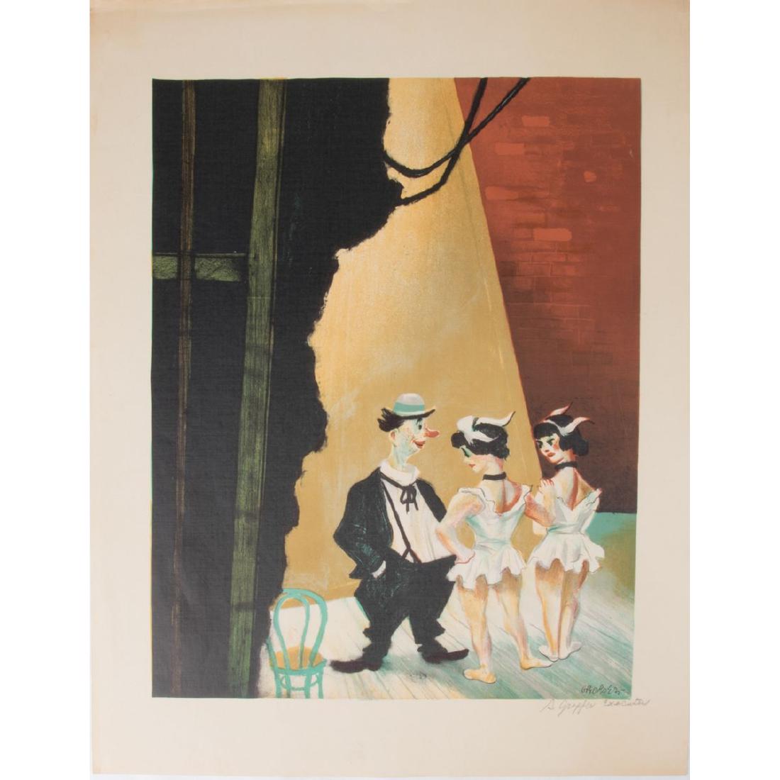 William Gropper (1897-1977) Clown with Show Girls,: William Gropper (1897-1977) Clown with Show Girls, Colored lithograph, Signed lower right. Sheet dimensions: h: 22 1/2 x w: 17 3/8 in. H: 17 3/4 W: 14 in.