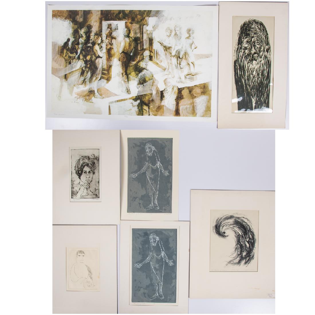 A Group of Seven Lithographs and Etchings by Various: A Group of Seven Lithographs and Etchings by Various Artists, 20th Century, Including pieces by Bernard Fuchs, Judith H. Rahel, Pennie Morehouse, N. Anderson and others. Largest dimensions: h: 23 3/4 