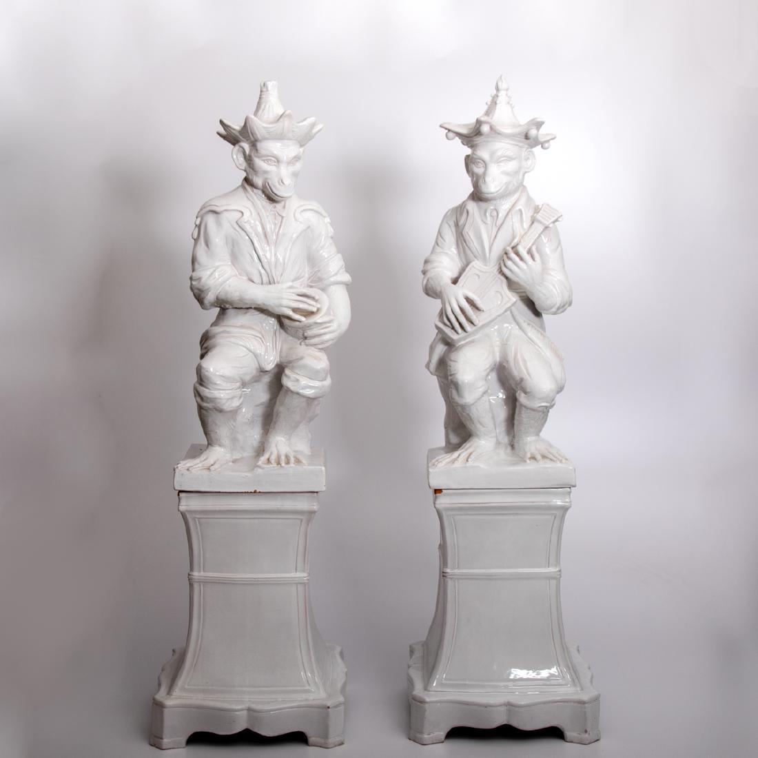 A Pair of Mottahedeh Porcelain Monkeys, 20th Century,: A Pair of Mottahedeh Porcelain Monkeys, 20th Century, In two parts. H: 48 W: 13 1/2 D: 13 1/8 in.