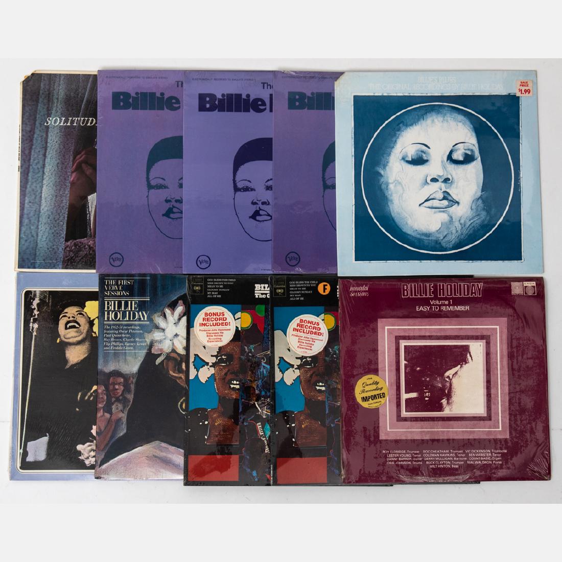 A Group of Ten Billie Holiday 12 in. Vinyl LPs from: A Group of Ten Billie Holiday 12 in. Vinyl LPs from Various Labels, 20th Century, Including: 'Solitude-Songs by Billie Holiday' (Verve/MGM VG8074); 'The Best of Billie Holiday' (Verve/MGM VG8808, thre