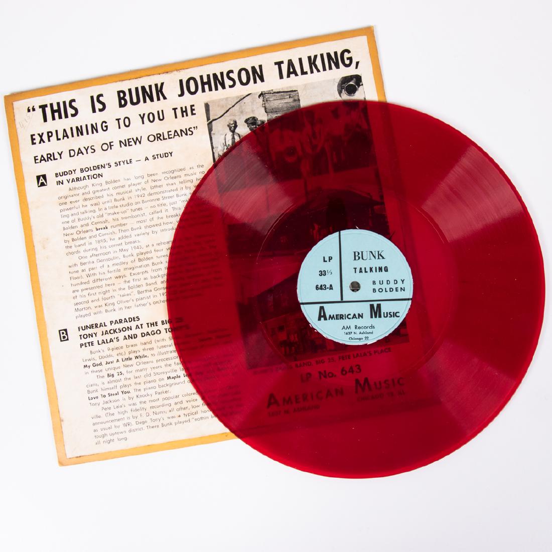 A Bunk Johnson's 'This is Bunk Johnson Talking,': A Bunk Johnson's 'This is Bunk Johnson Talking,' American Music Records, 10 in. Red Vinyl LP, 20th Century, Full title: 'This is Bunk Johnson Talking, Explaining to You the Early Days of New Orleans' 