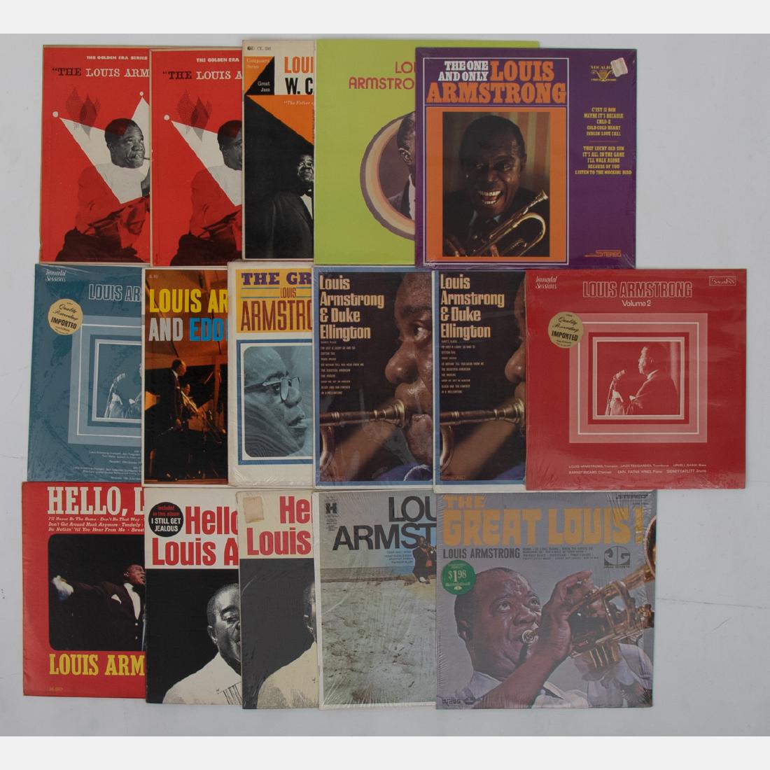 A Group of Sixteen Louis Armstrong 12 in. Vinyl LPs: A Group of Sixteen Louis Armstrong 12 in. Vinyl LPs from Various Labels, 20th Century, Including: 'The Louis Armstrong Story Volume II' (Columbia ML 54384); 'The Louis Armstrong Story Volume III' (Col