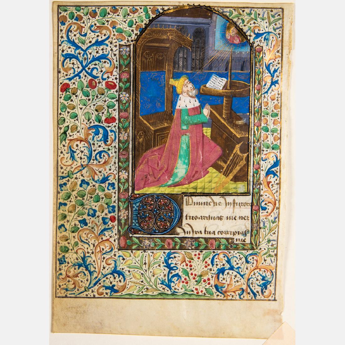 A French Illuminated Manuscript Leaf, ca. 15th Century,: A French Illuminated Manuscript Leaf, ca. 15th Century, From a Book of Hours, on vellum with illuminations on both sides. H: 6 1/2 W: 4 1/2 in. From Otto F. Ege.