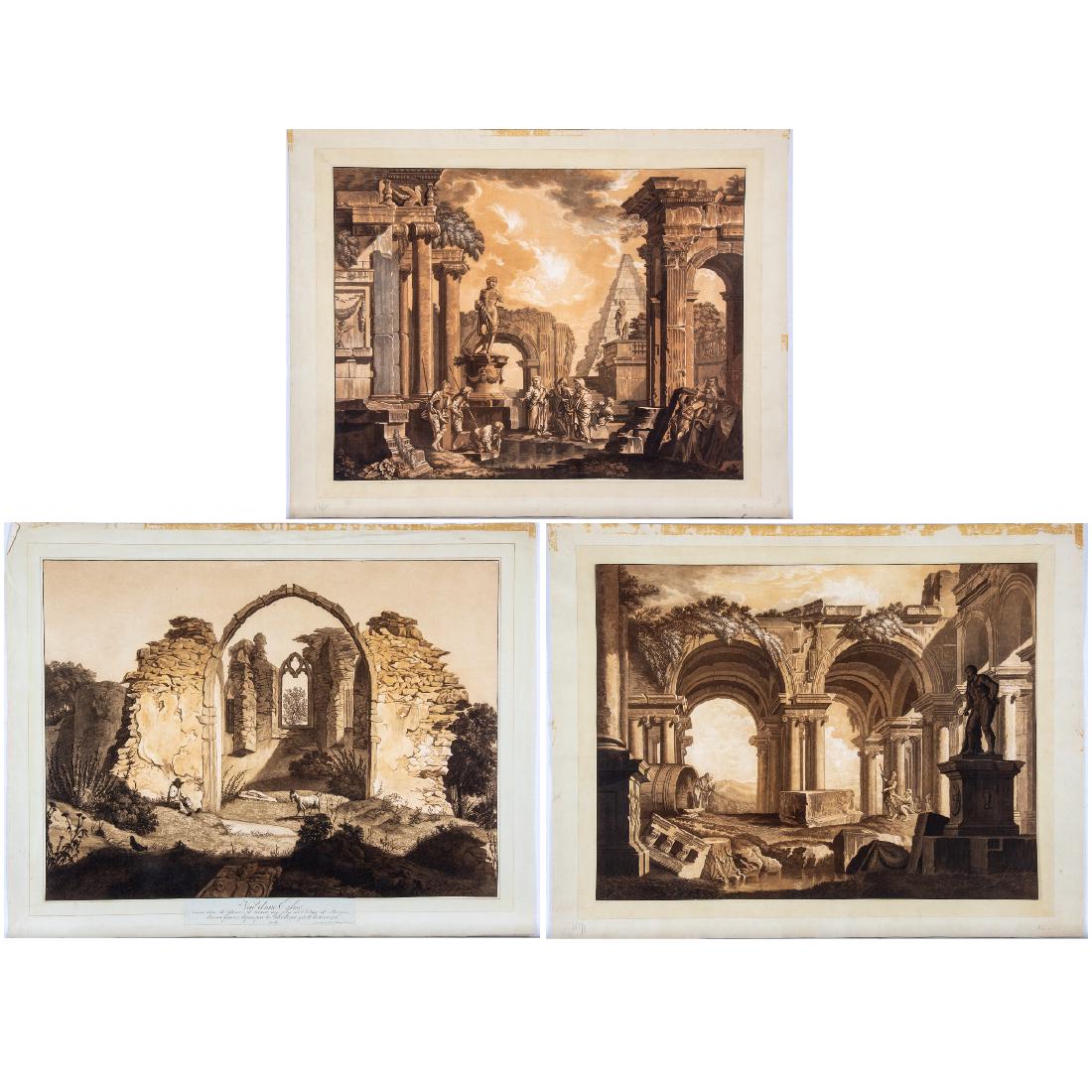 Johann Gottlieb Prestel (1739-1808) A Group of Three: Johann Gottlieb Prestel (1739-1808) A Group of Three Etchings Depicting Various Ruins, Aquatints. Including one titled 'Vue d'une Eglise'. Largest dimensions: h: 19 1/4 x w: 25 3/4 in.