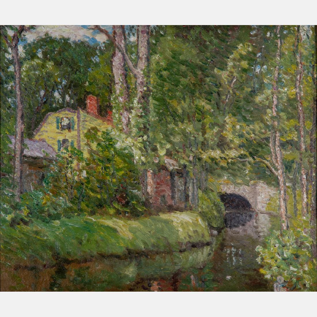 John Joseph Enneking (American, 1841-1916) Red: John Joseph Enneking (American, 1841-1916) Red Chimneys, Oil on board. H: 12 W: 14 in. From the Vose Galleries.