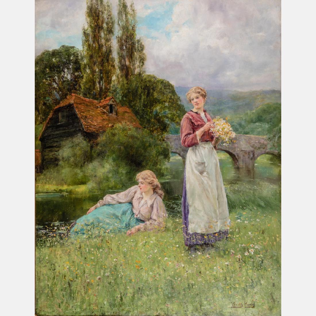 Henry John Yeend King (British, 1855-1924) Two Ladies: Henry John Yeend King (British, 1855-1924) Two Ladies by Cottage and Bridge, Oil on canvas, Signed lower right. H: 35 W: 27 1/2 in.