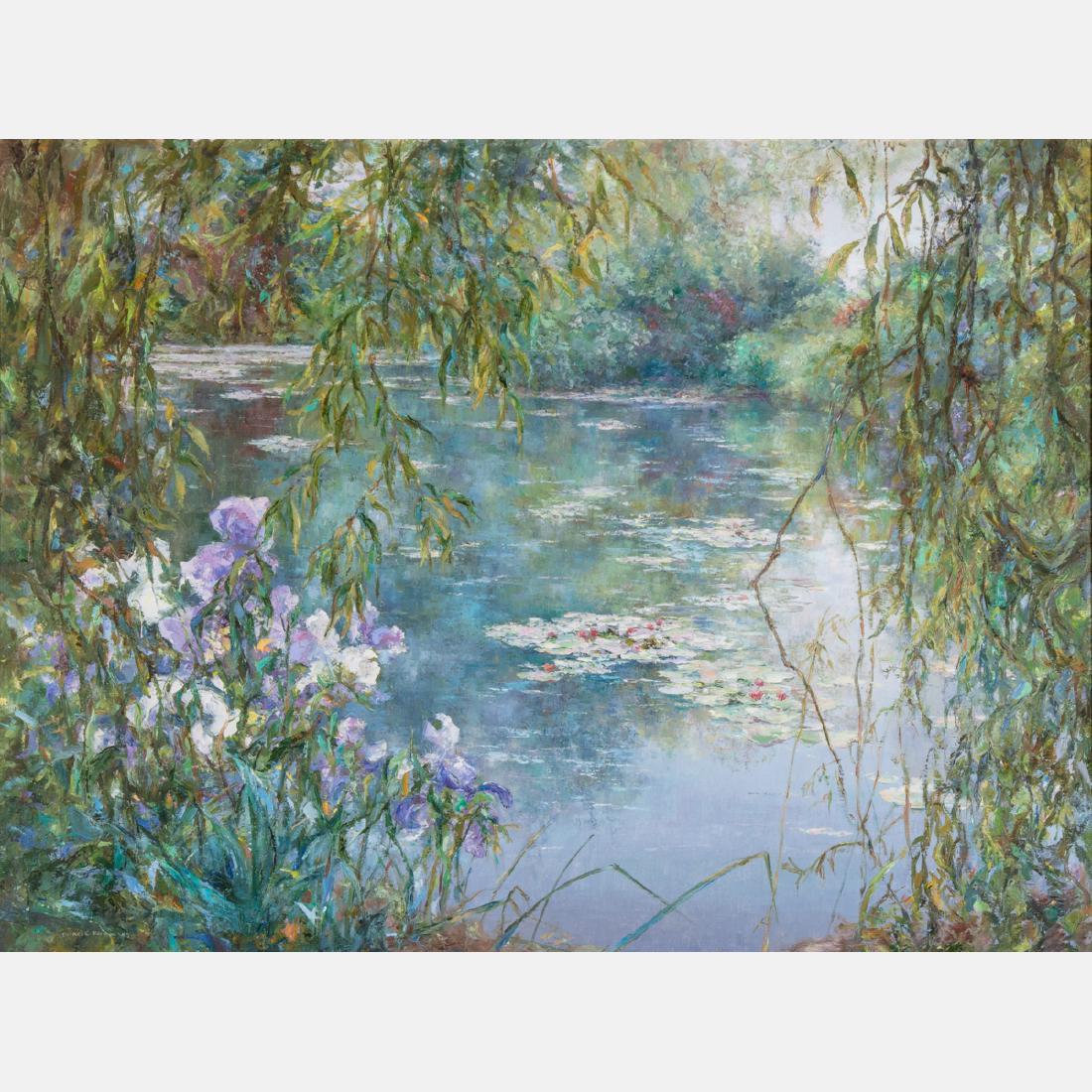 Theresa Knowles (American, 1918-2008) Pond Scene, Oil: Theresa Knowles (American, 1918-2008) Pond Scene, Oil on canvas, Signed lower right. H: 29 1/2 W: 39 1/2 in.