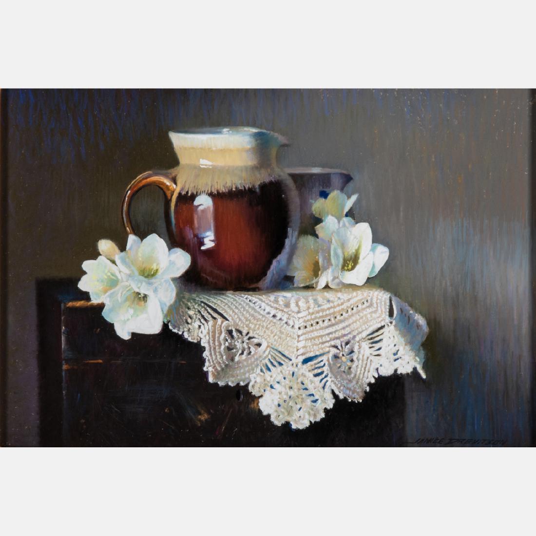 Janice Drevitson (American, 20th Century) White Freesia: Janice Drevitson (American, 20th Century) White Freesia and Lace, Pastel, Signed lower right. H: 11 W: 16 1/2 in.