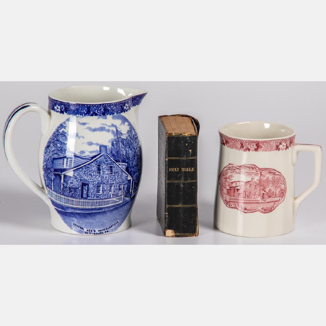 Two Staffordshire Pottery Civil War Themed Mug and: Two Staffordshire Pottery Civil War Themed Mug and Pitcher, 20th Century, Depicting General Lee's headquarters. Together with a photograph of Charles F. Bigelow in Union Army uniform, leather bound po