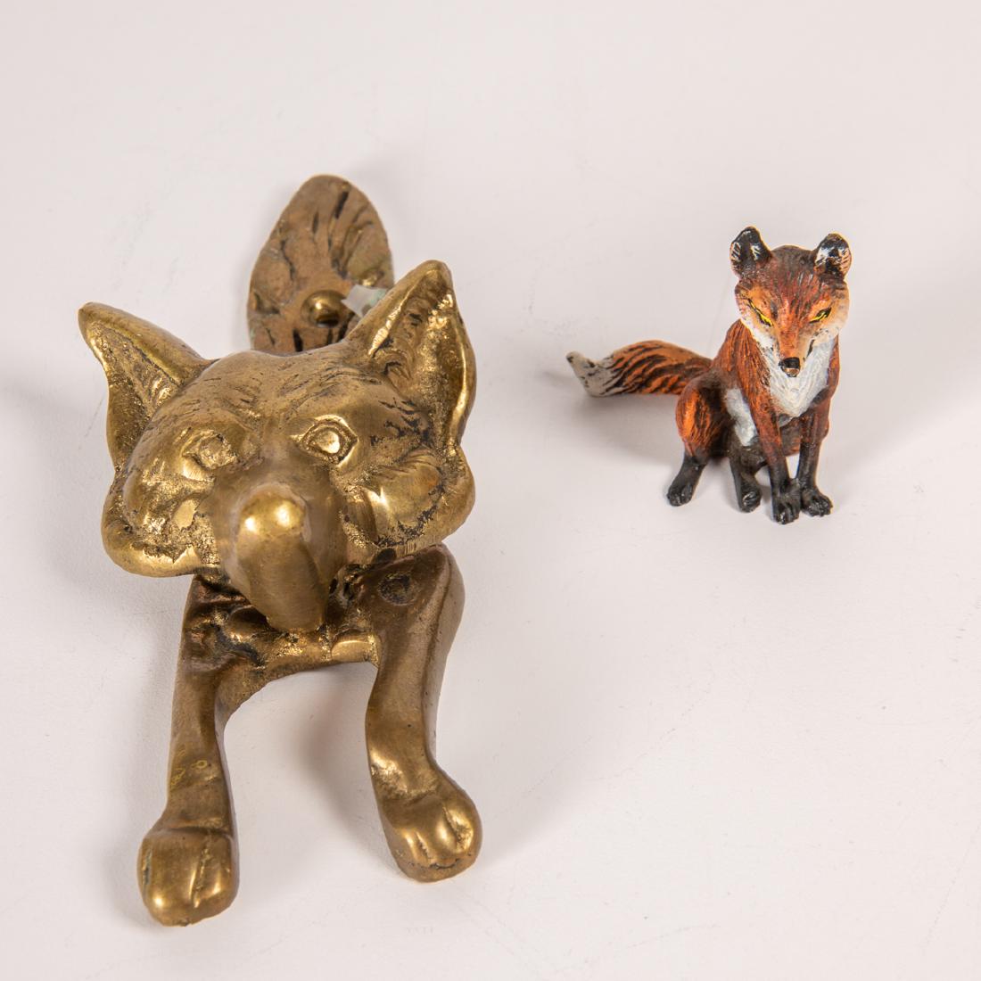 An Austrian Cold-Painted Bronze Figure of a Fox, 20th: An Austrian Cold-Painted Bronze Figure of a Fox, 20th Century, Together with a brass fox form door knocker. Largest dimensions: h: 6 x w: 2 in.