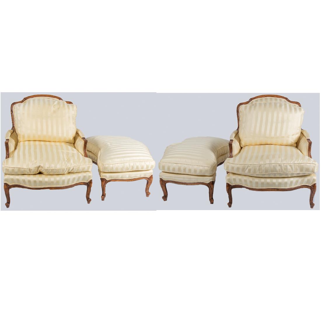 A Pair of Meyer, Guntther and Martini Louis XV Style: A Pair of Meyer, Guntther and Martini Louis XV Style Bergeres with Ottomans, 20th Century, The chairs with upholstered backs, arms and seat, the ottomans with conforming upholstery. H: 34 in.