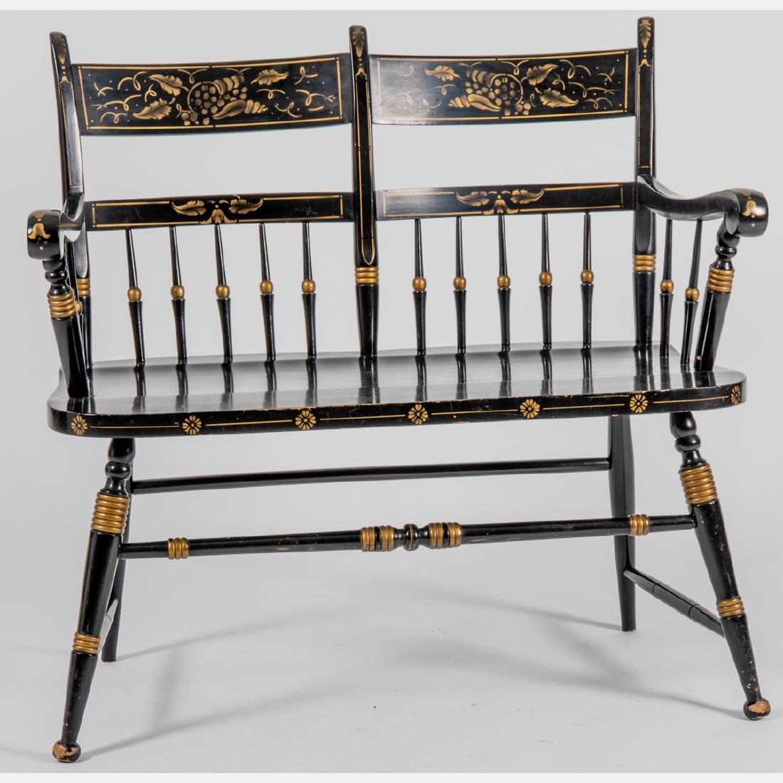 A Hitchcock Style Stenciled Double Backed Settee, 20th: A Hitchcock Style Stenciled Double Backed Settee, 20th Century. W: 56 in.