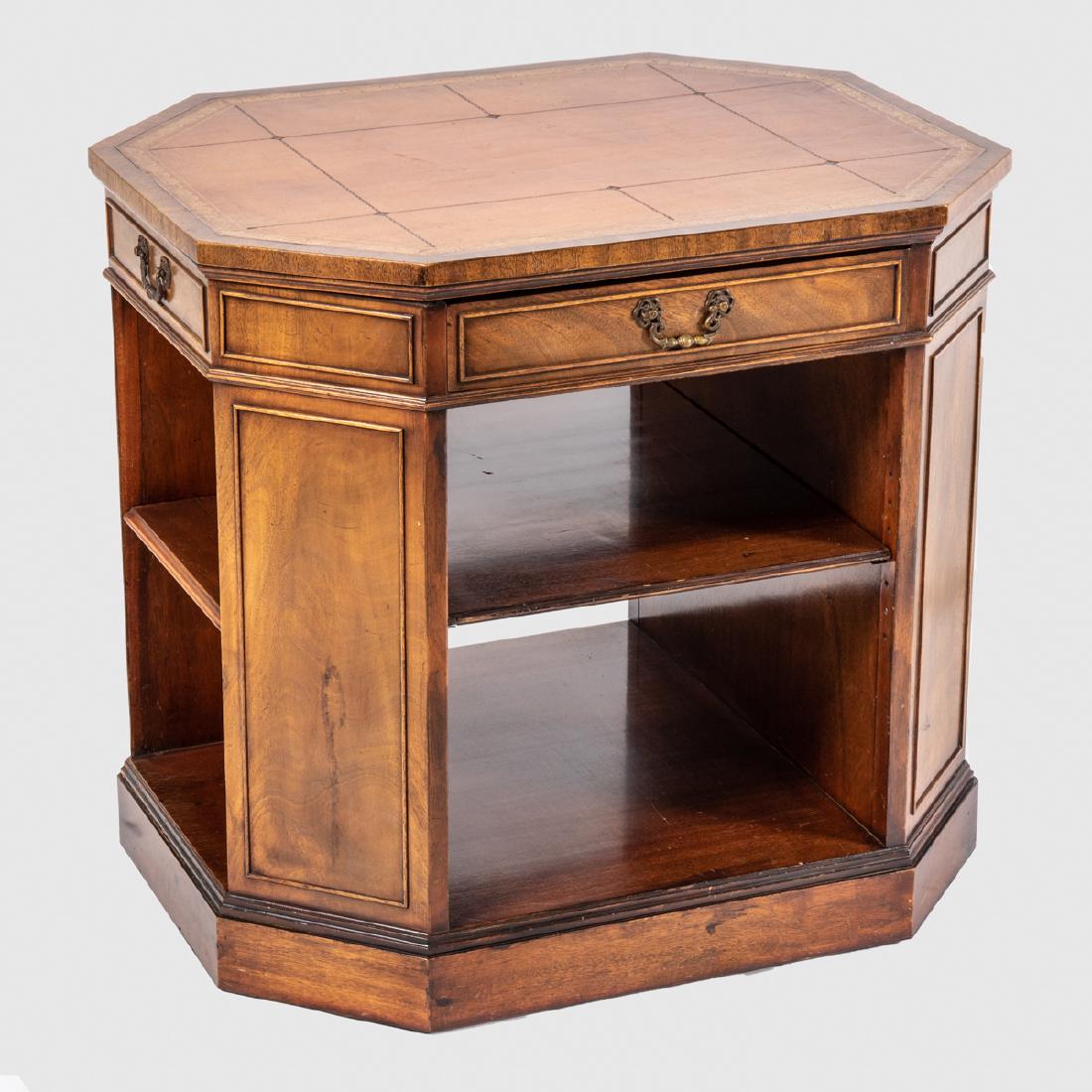 A Henredon Furniture Georgian Style Mahogany Octagonal: A Henredon Furniture Georgian Style Mahogany Octagonal Side Table, 20th Century, Having inset leather top, drawers and shelves. H: 27 W: 30 D: 24 in.