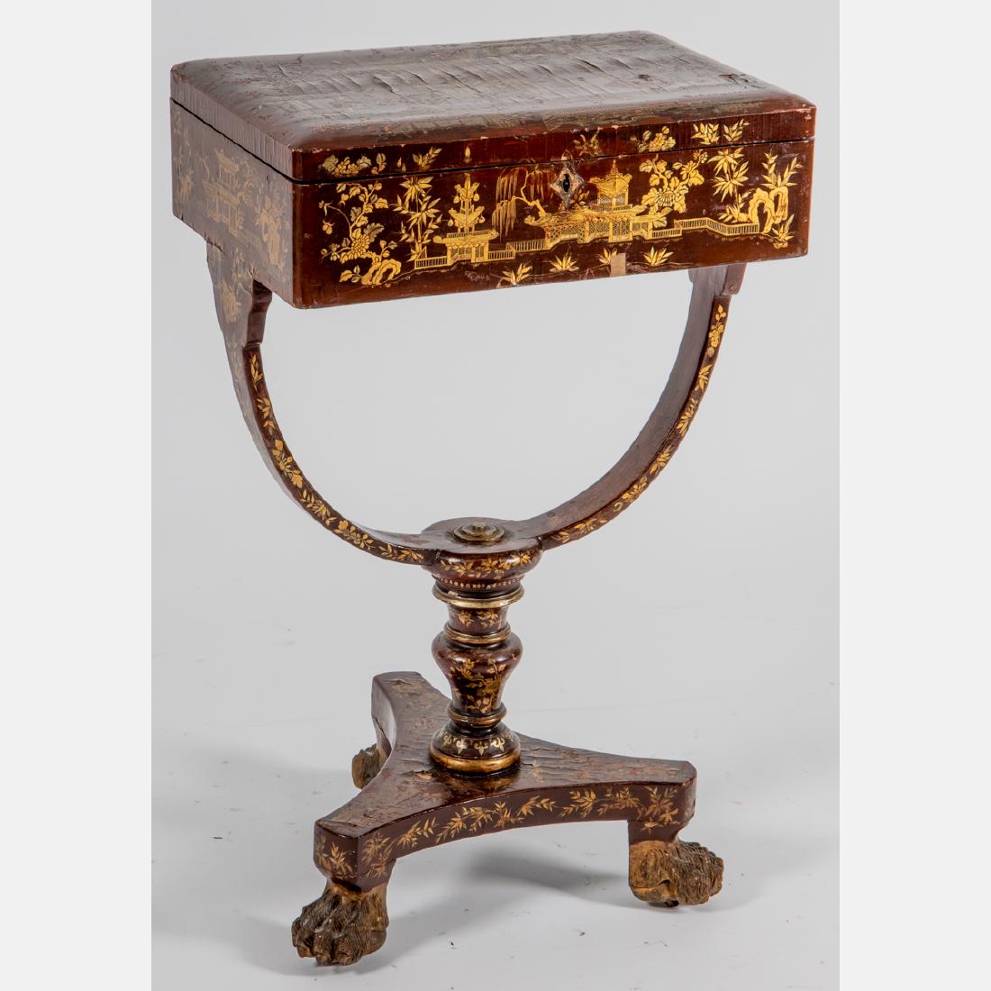 A Canton Export Lacquered Sewing Stand, 19th Century,: A Canton Export Lacquered Sewing Stand, 19th Century, Having a rectangular lift top raised on a semi-circular base. H: 32 1/2 W: 21 1/4 D: 14 in.