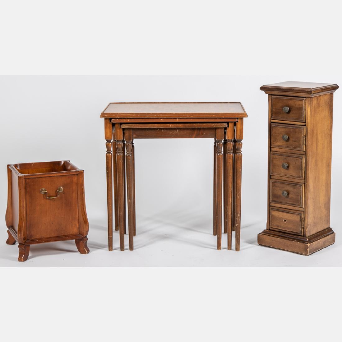 A Set of American Stained Pine Nesting Tables, 20th: A Set of American Stained Pine Nesting Tables, 20th Century, Together with a stained hardwood low cabinet and stained cherry waste bin with brass handles. Largest dimensions: h: 23 1/2 x w: 24 1/2 x d