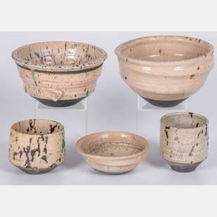 George Roby (American, 1936-2017) A Group of Five Bowls: George Roby (American, 1936-2017) A Group of Five Bowls and Cup, Raku ceramic, All signed on bottom. Largest dimensions: h: 4 3/8 x dia: 7 1/2 in. From the collection of George Roby (1936-2017).