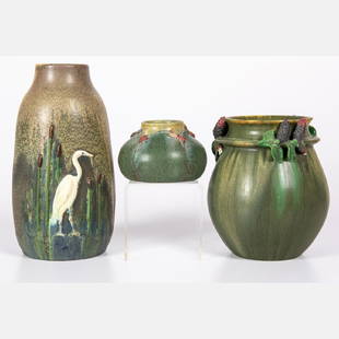 A Group of Three Ephraim Pottery Vases by Various: A Group of Three Ephraim Pottery Vases by Various Artists, 20th Century, Including two pieces by Mary Pratt and one by Kevin Hicks. All signed on bottom. Largest dimensions: h: 10 in.