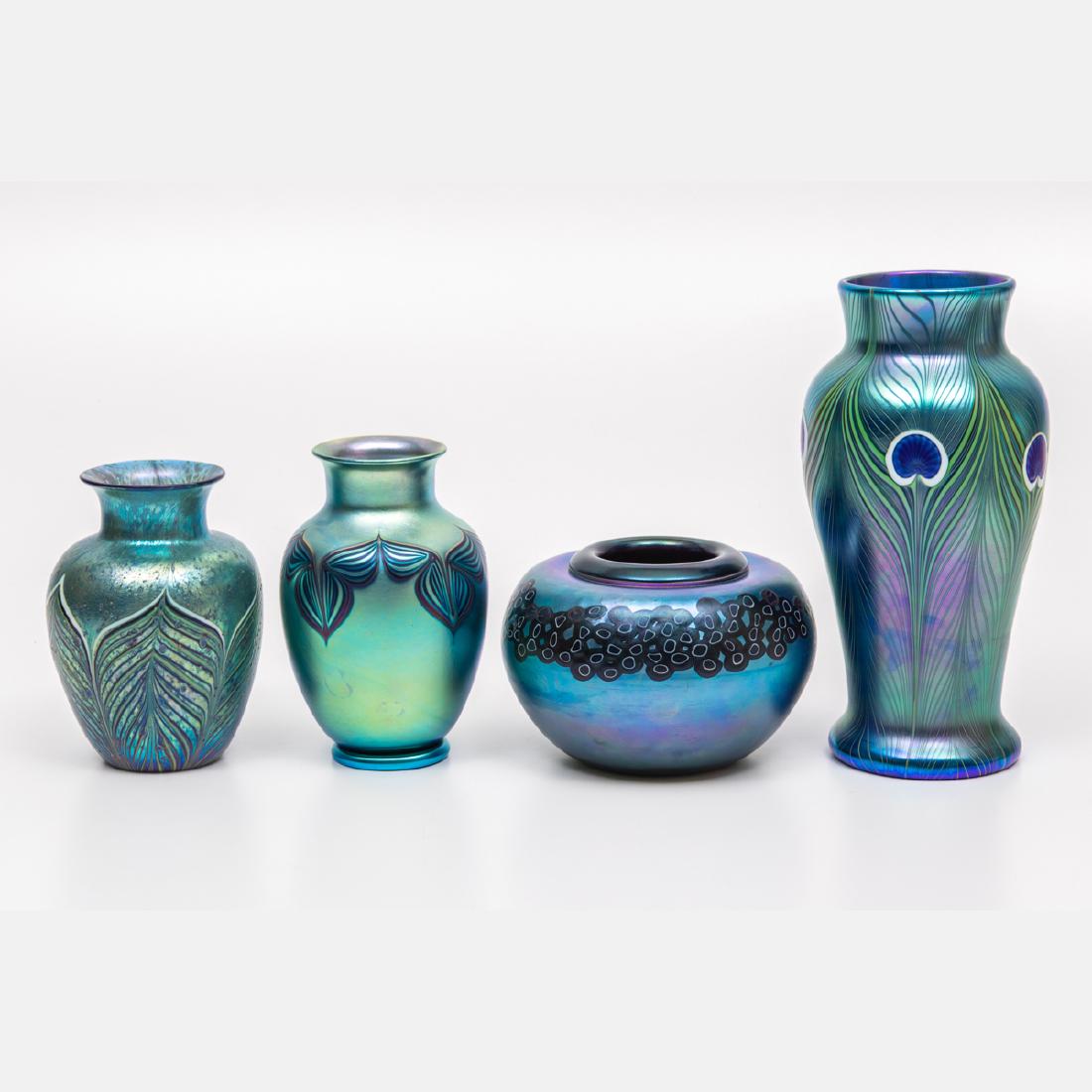 A Group of Four Orient & Flume Art Glass Vases, 20th: A Group of Four Orient & Flume Art Glass Vases, 20th Century, All signed on bottom. Largest dimensions: h: 11 in.