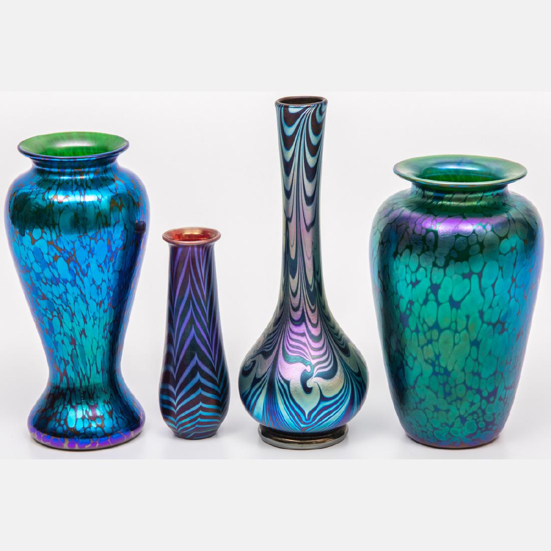 A Group of Four Orient & Flume Art Glass Vases, 20th: A Group of Four Orient & Flume Art Glass Vases, 20th Century, All signed on bottom. Largest dimensions: h: 10 1/2 in.