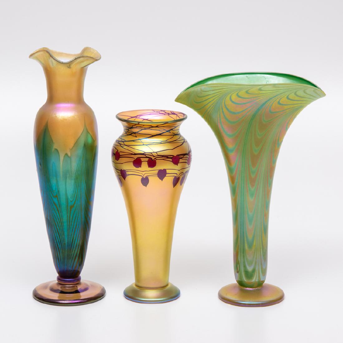 A Group of Three Art Glass Vases by Various Makers,: A Group of Three Art Glass Vases by Various Makers, 20th Century, Including two pieces by Orient & Flume (one with original box). Largest dimensions: h: 14 3/4 in.