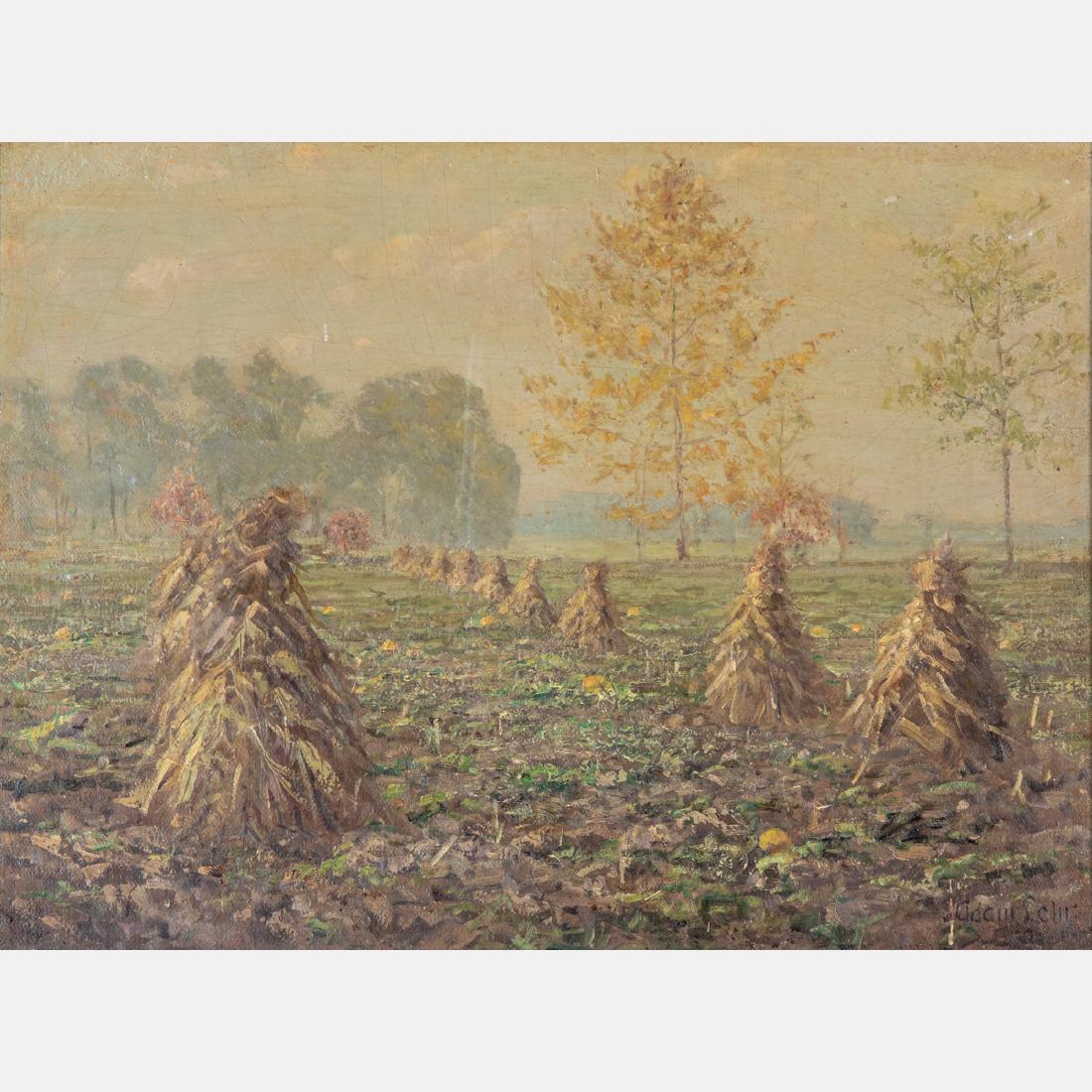 Adam Lehr (American, 1853-1924) Hay Stacks, 1921, Oil: Adam Lehr (American, 1853-1924) Hay Stacks, 1921, Oil on panel, Signed and dated lower right. Framed dimensions: h: 28 1/8 x w: 36 in. H: 23 W: 31 1/2 in.