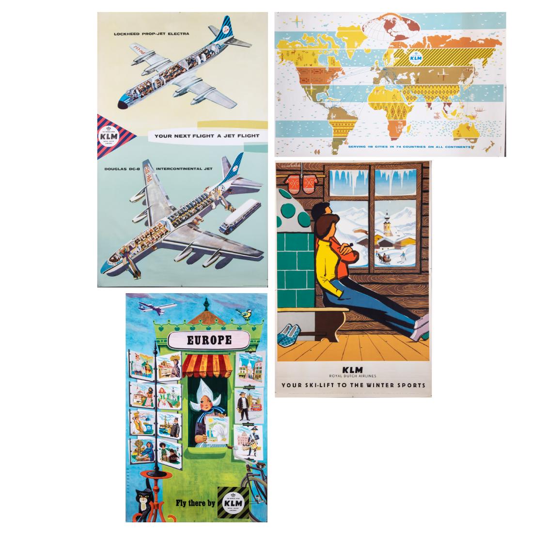 A Group of Four Vintage KLM- Royal Dutch Airlines: A Group of Four Vintage KLM- Royal Dutch Airlines Lithographic Travel Posters, 20th Century, Including Atelier Koszler's 'Your Ski-Lift to the Winter Sports', Berserik's' 'Europe', H. Kazemi's 'Map-Se