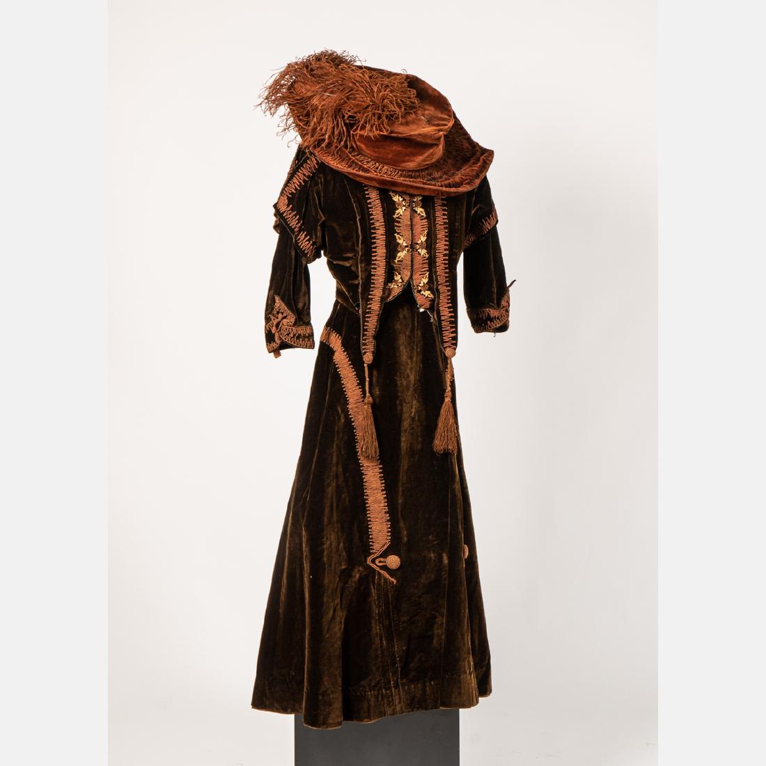 A Velvet and Ostrich Feather Jacket and Skirt with Hat: A Velvet and Ostrich Feather Jacket and Skirt with Hat by Hulda, Early 1900s.