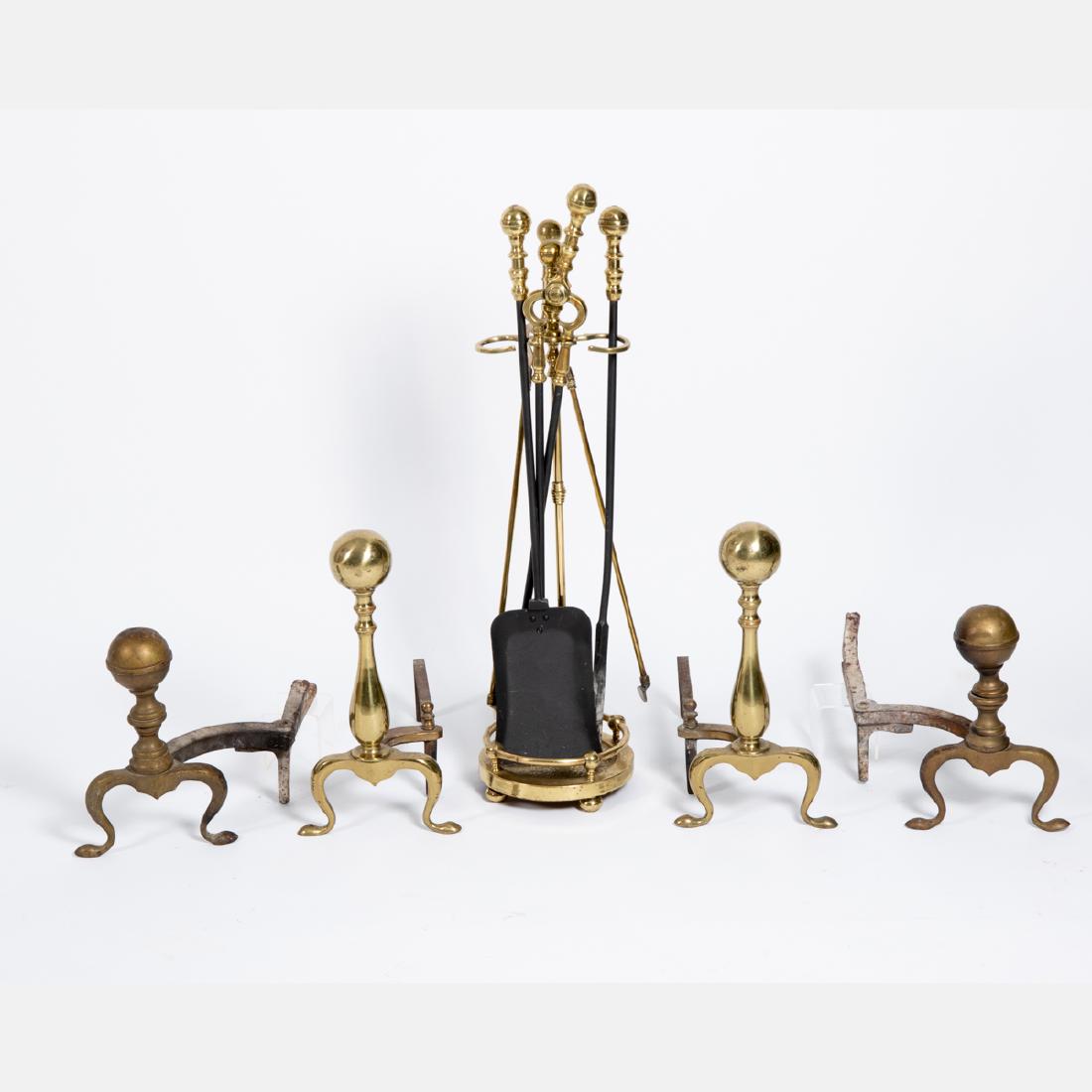 Two Pairs of Georgian Style Brass and Iron Andirons,: Two Pairs of Georgian Style Brass and Iron Andirons, 20th Century. Together with a set of iron and brass fire tools. H: 11 1/4 W: 11 D: 16 1/4 in.