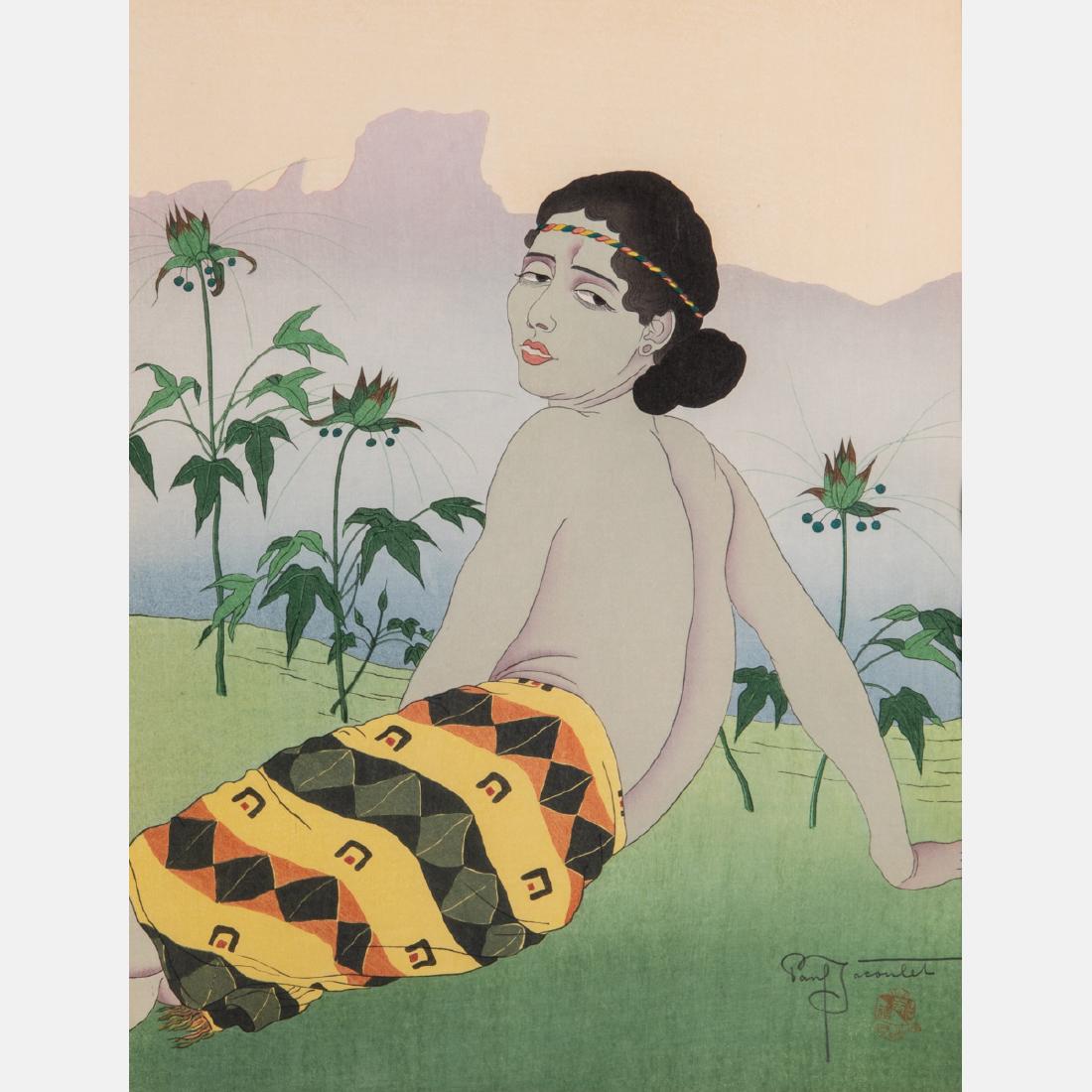 Paul Jacoulet (French, 1896-1960) Le Rocher de Jokadj,: Paul Jacoulet (French, 1896-1960) Le Rocher de Jokadj, Woodcut in colors, Signed lower right. Framed dimensions: h: 21 1/2 x w: 16 3/4 in. H: 15 1/4 W: 11 1/2 in.