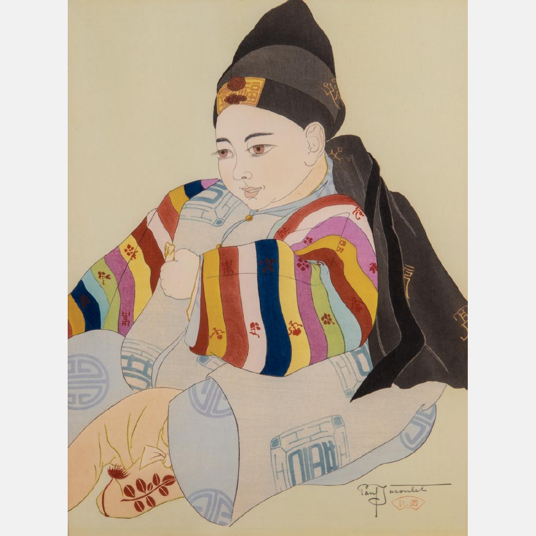 Paul Jacoulet (French, 1896-1960) The Korean Baby,: Paul Jacoulet (French, 1896-1960) The Korean Baby, Woodcut in colors, Signed lower right. Framed dimensions: h: 21 1/2 x w: 16 3/4 in. H: 15 1/2 W: 11 1/2 in.